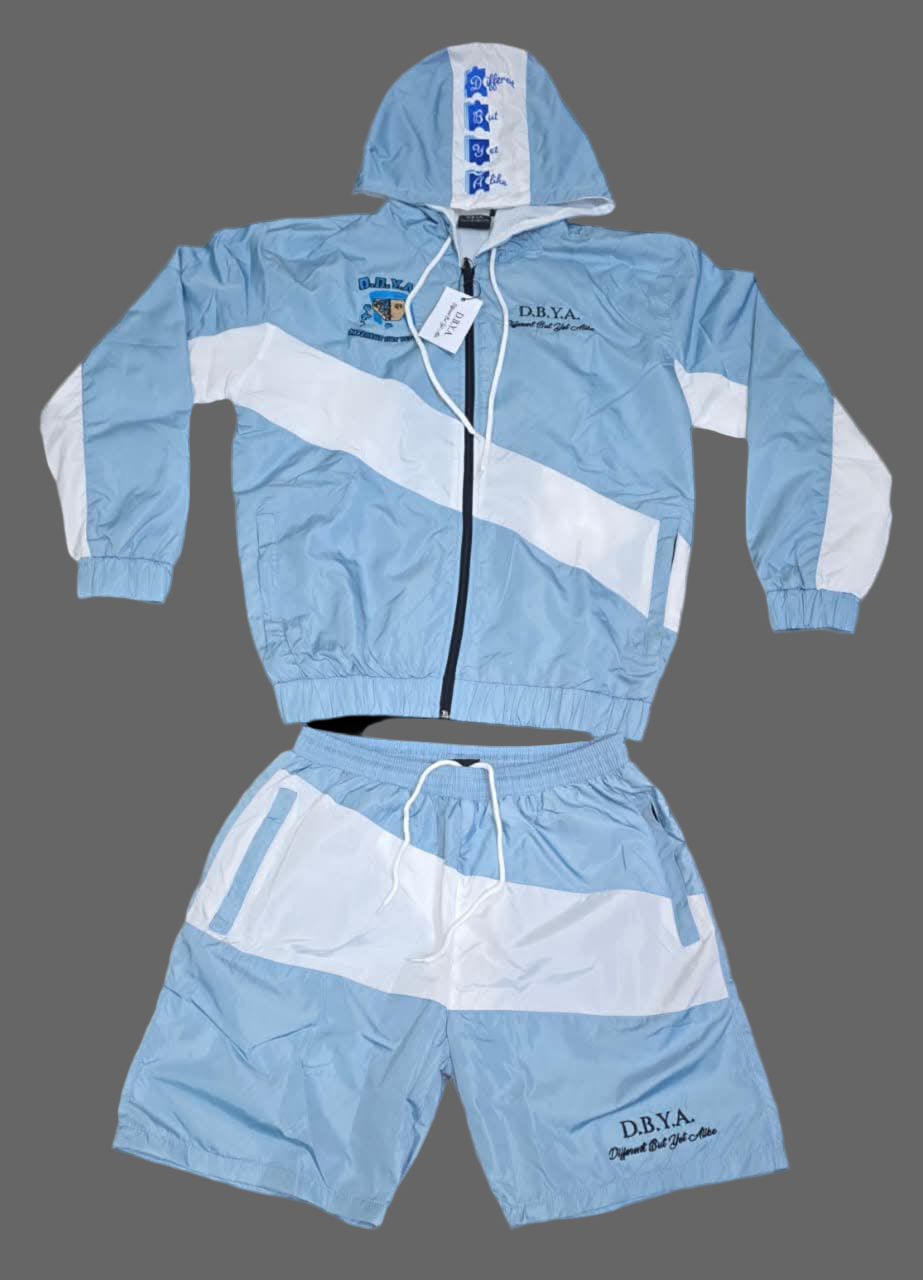 Light blue tracksuit with white accents on a gray background